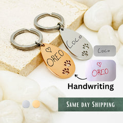 Actual Handwriting Metal ID Tag With Paw • Paw Keychain Bar • Handwriting Engraving • Dog ID Tag • Cat ID Tag • Paw Personalized Keychain