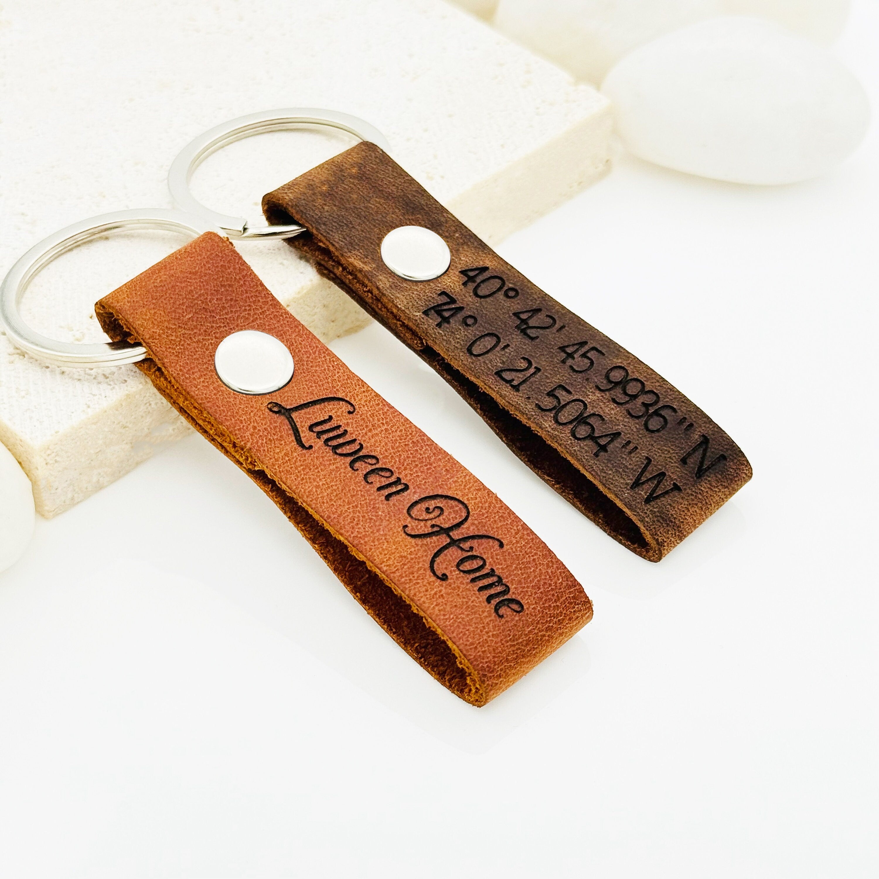 Genuine Leather Custom Keychain • Retro Leather Keychain • Custom Logo • Custom Gift Keychain • Personalized Gift • Coordinates Keychain