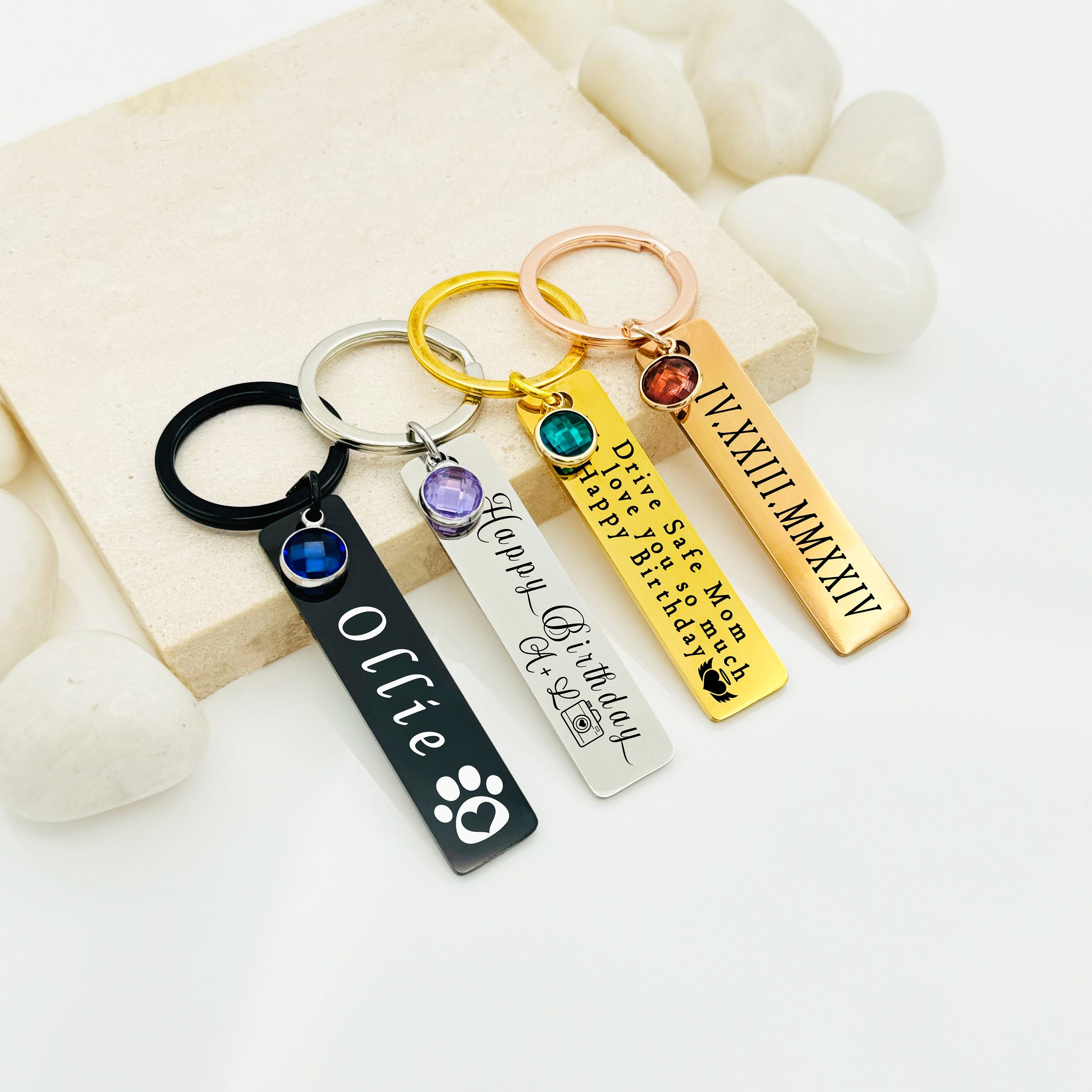 Personalized Birthstone Keychain • Birthstone Keychain • Handwriting Engraving • Custom Keychain • Gift for Boyfriend • Girlfriend