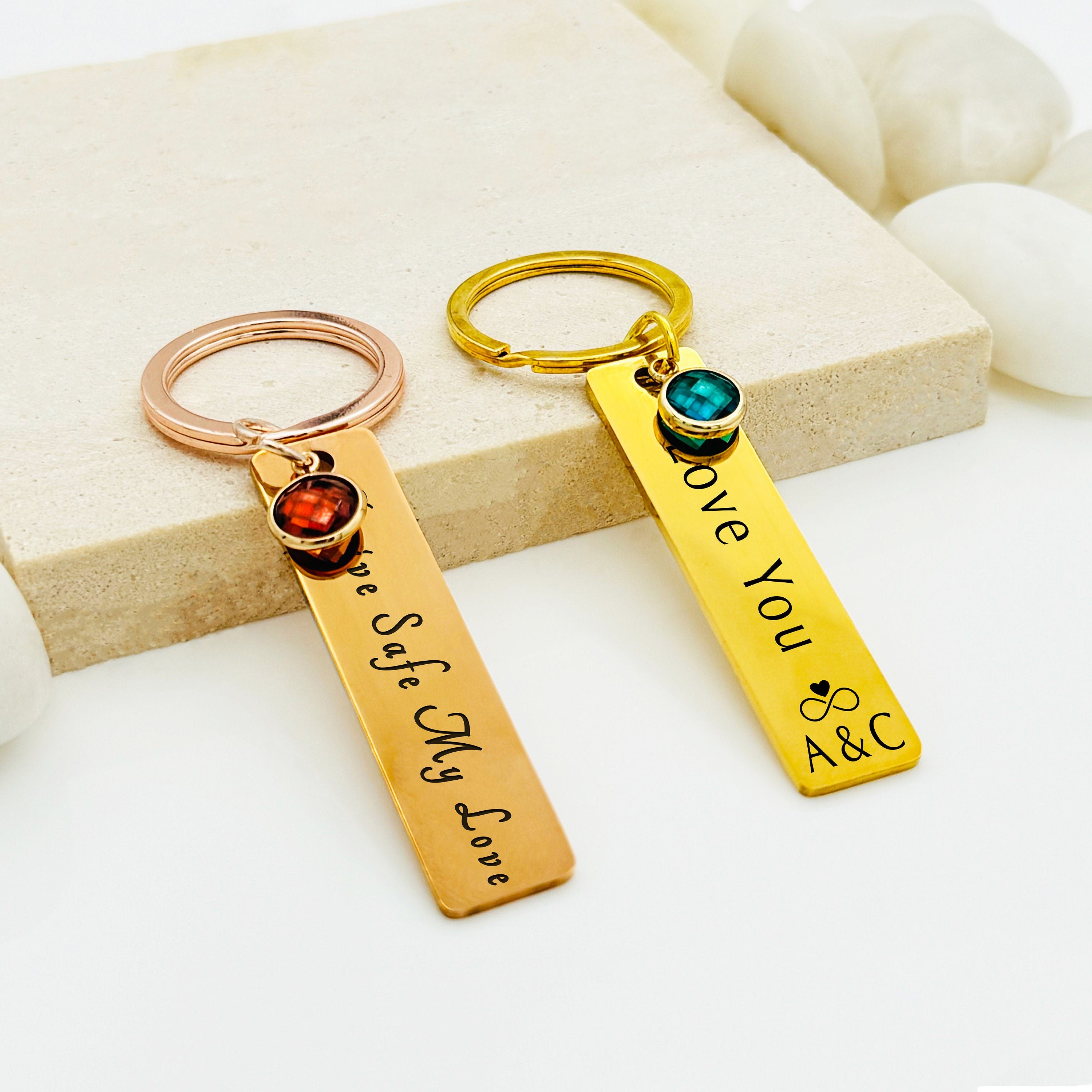 Personalized Birthstone Keychain • Birthstone Keychain • Handwriting Engraving • Custom Keychain • Gift for Boyfriend • Girlfriend